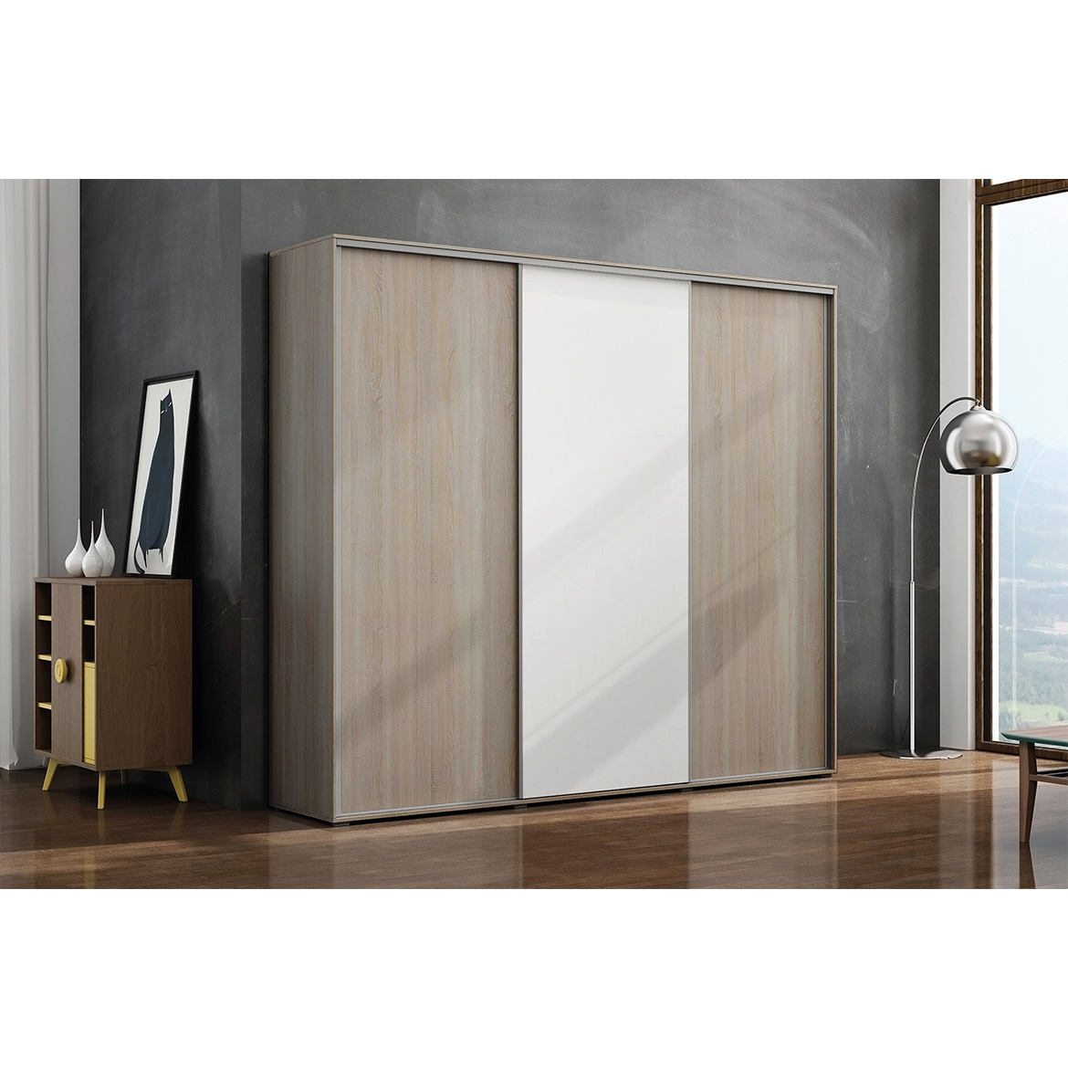 Kalina ormar 3 vrata 250x62x245 cm natur (sonoma hrast)/bela