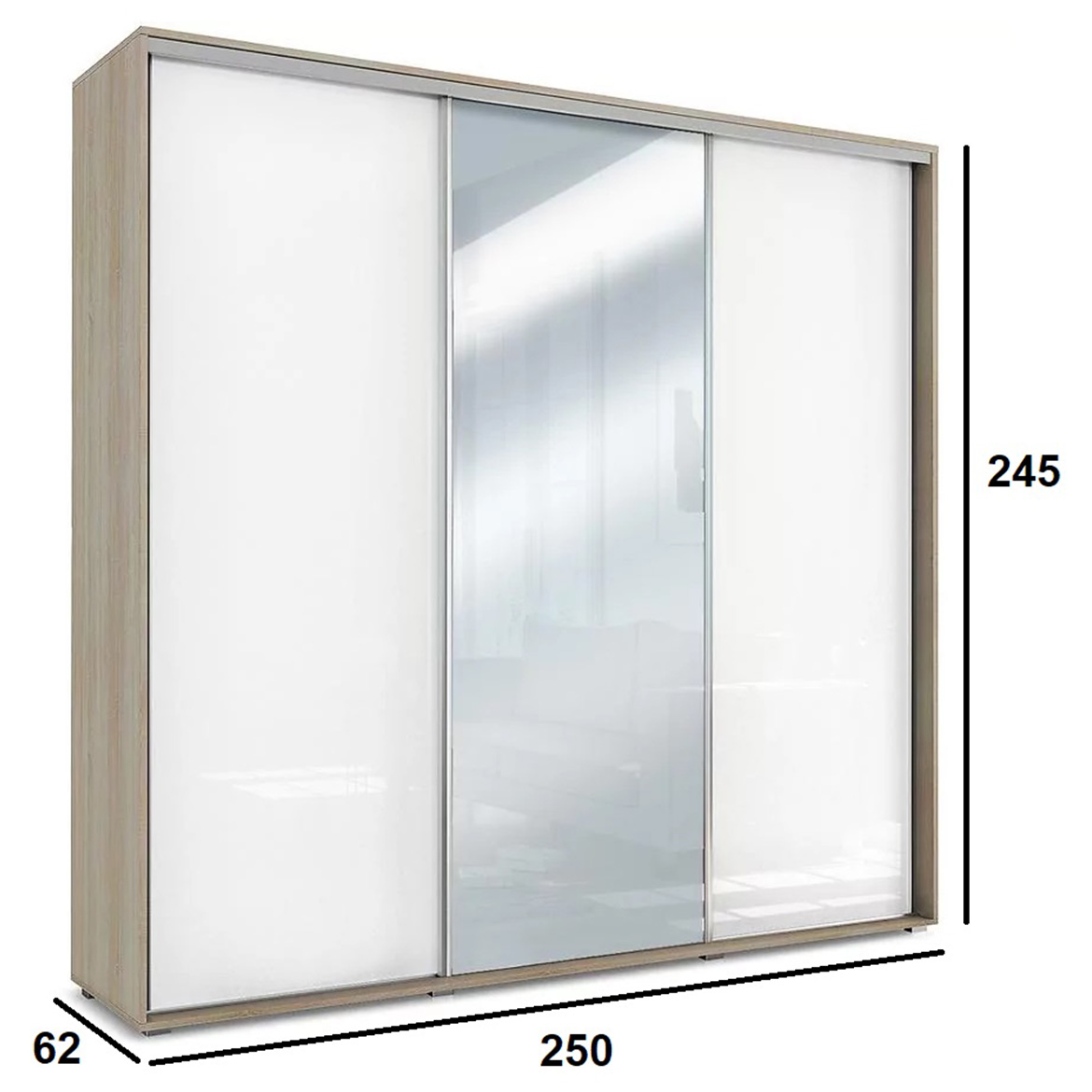 Amelia ormar 3 vrata 250x62x245 cm  natur (sonoma hrast)/bela/ogledalo