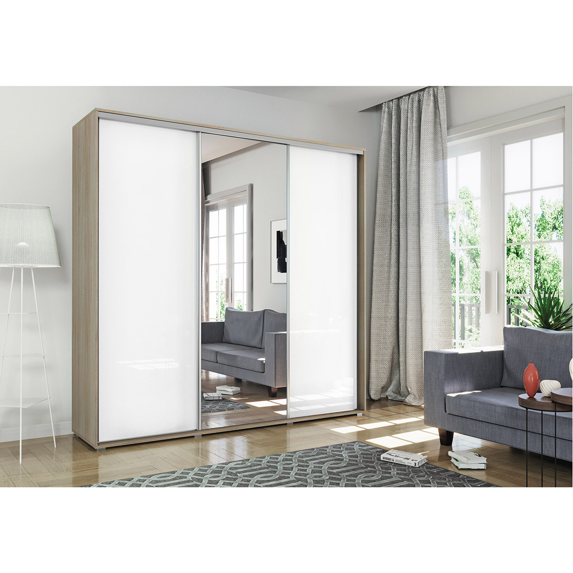 Amelia ormar 3 vrata 250x62x245 cm  natur (sonoma hrast)/bela/ogledalo