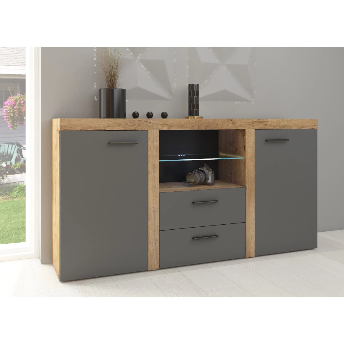 Rumba komoda 2 vrata + 2 fioke+ staklena polica 156x40x82  tamni hrast/siva