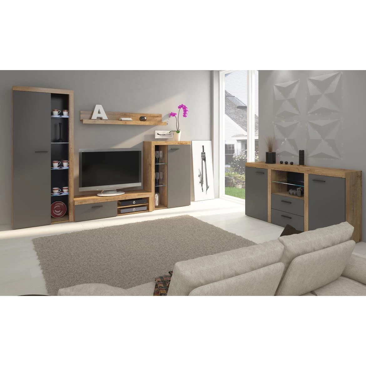 Rumba komoda 2 vrata + 2 fioke+ staklena polica 156x40x82  tamni hrast/siva