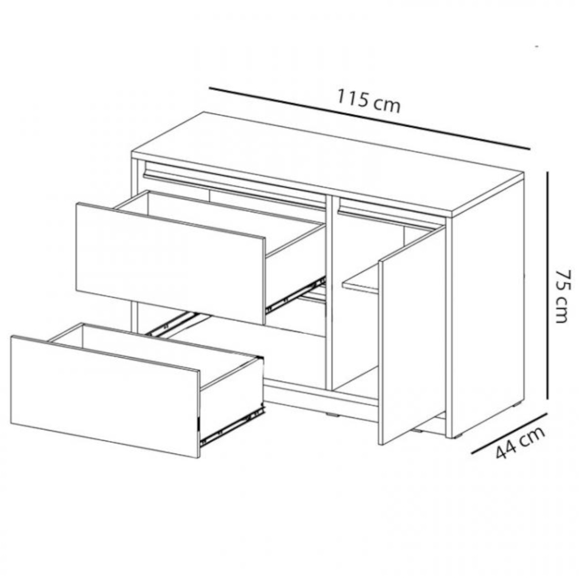 Mati komoda 2 fioke + 1 vrata 115x44x75 bela/siva