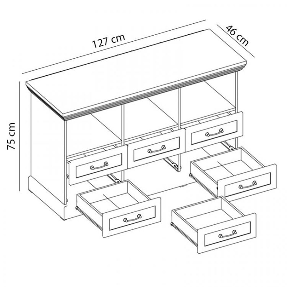 Royal komoda 6 fioka + 3 otvora 127x46x75 izbeljeno bela/hrast