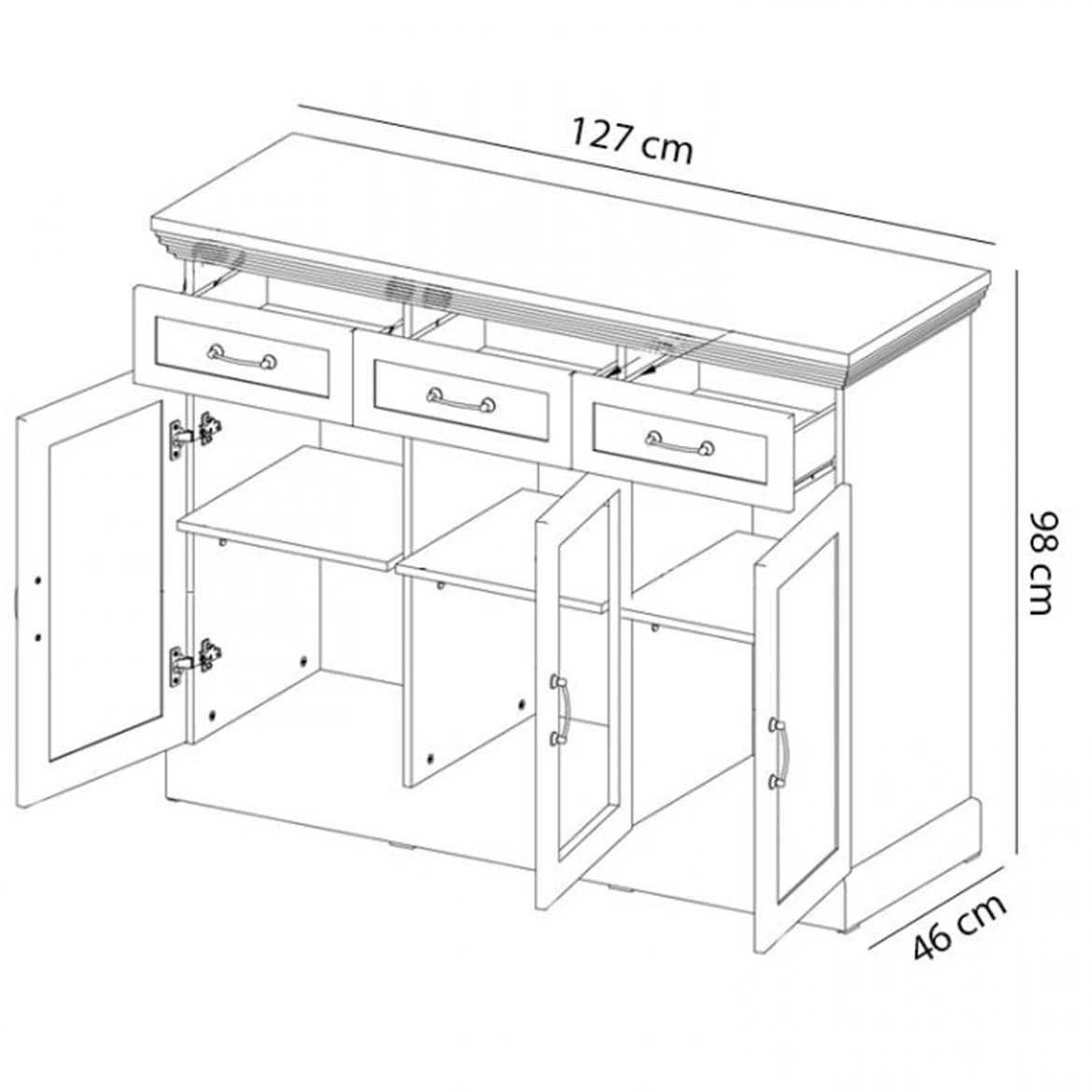 Royal komoda 3 vrata + 3 fioke 127x46x98 izbeljeno bela/hrast
