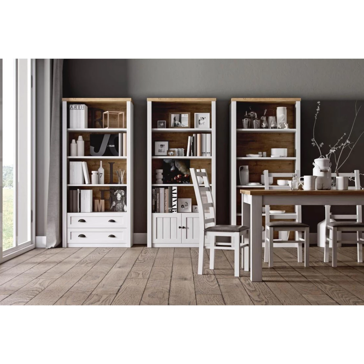 Provencea komoda 3 vrata + 3 fioke 130x43x88  beli/tamni hrast