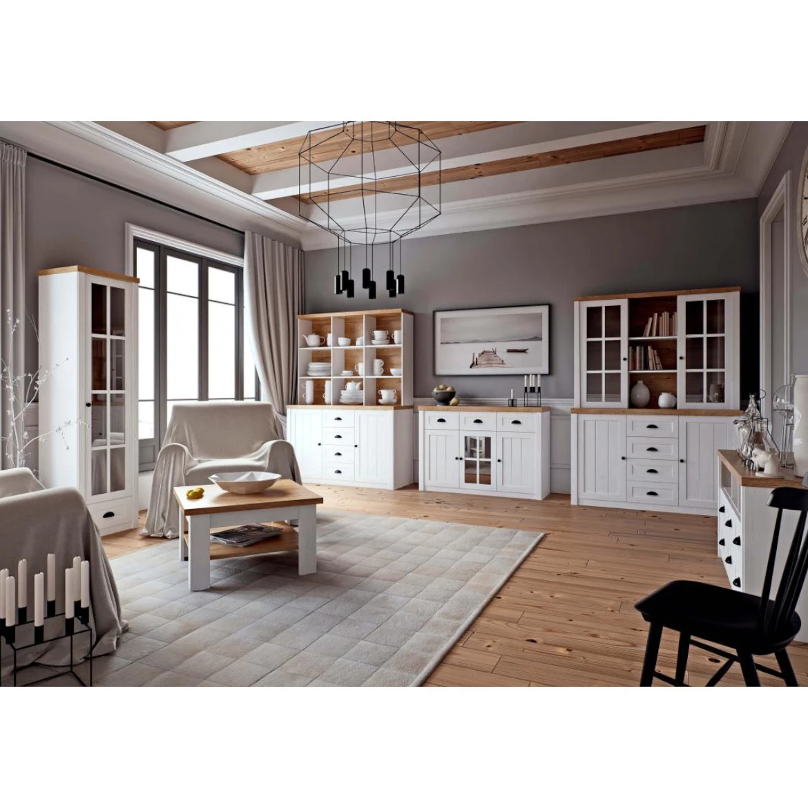 Provencea komoda 3 vrata + 3 fioke 130x43x88  beli/tamni hrast