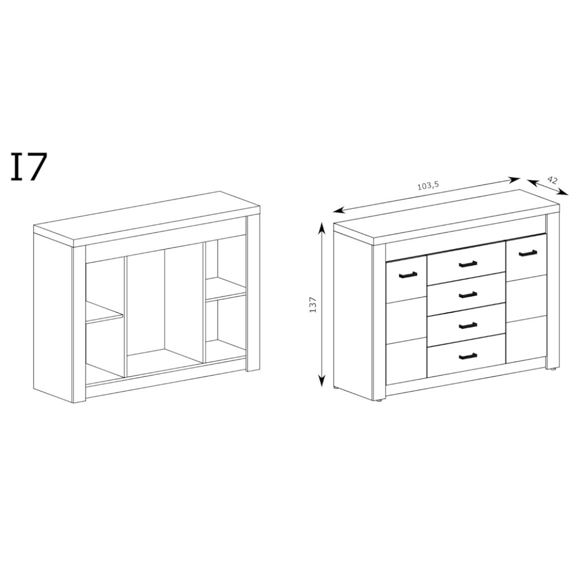 Indianapolis komoda 2 vrata + 4 fioke 137x42x103,5 izbeljena bela