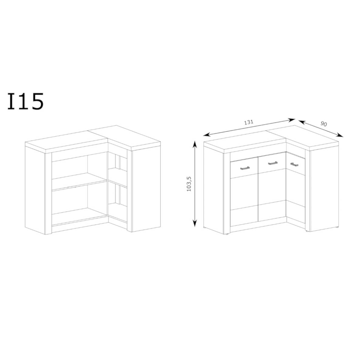 Indianapolis ugaona komoda 3 vrata 131x42x103 tamni jasen