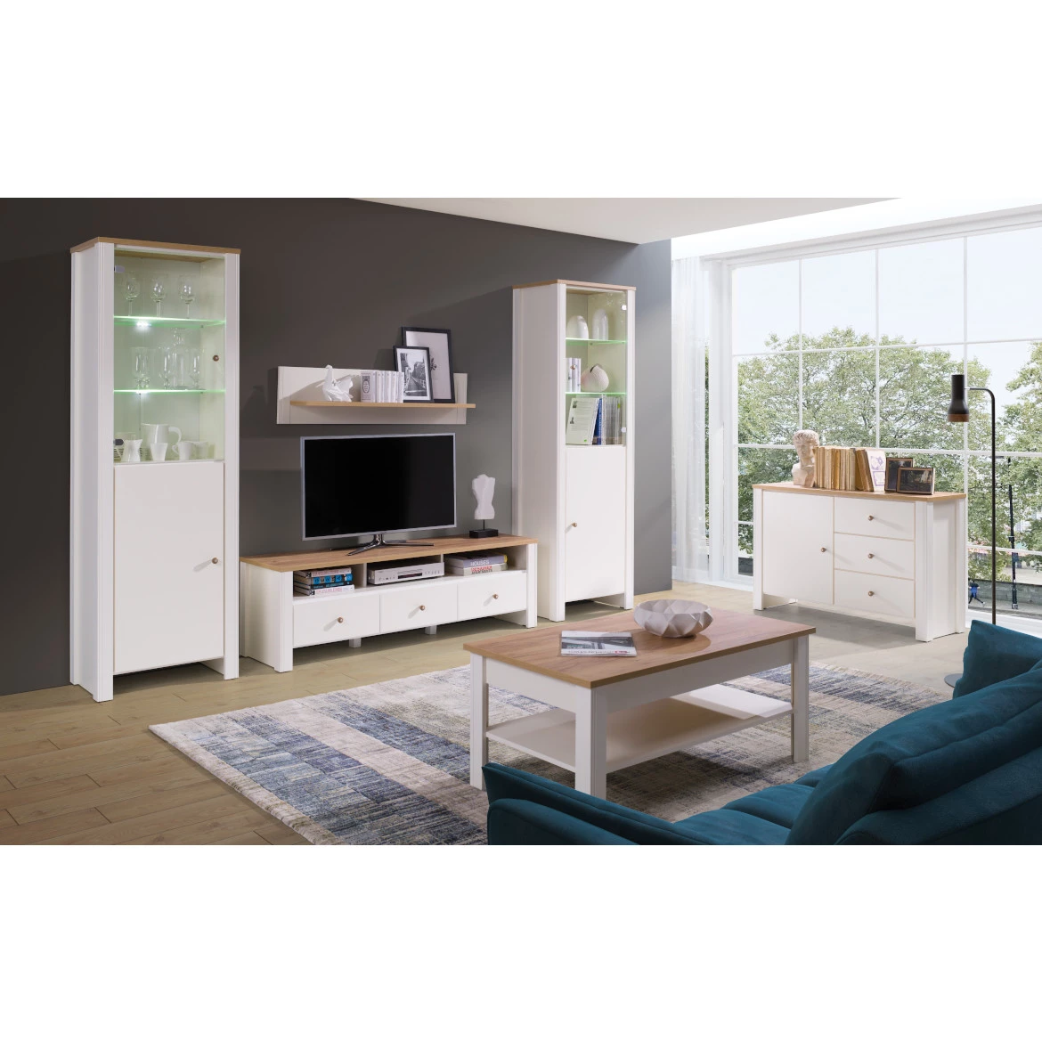 Berg komoda 1 vrata + 3 fioke 116x41x78 cm bela/hrast