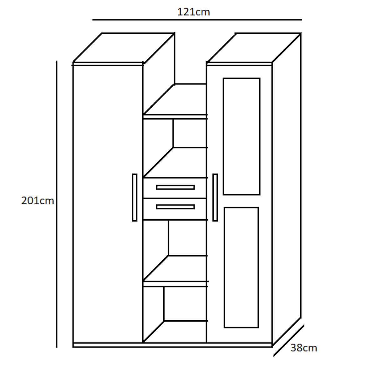 Inez polica 2 vrata+2 ladice+3 otvora 121x38x201 tamno smeda/svijetli jasen