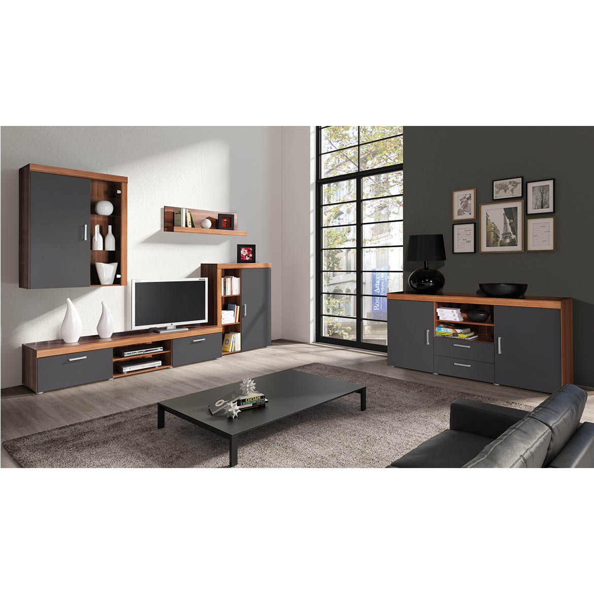 Samba viseca vitrina 1 vrata+3 otvora 90x35x114 tamni jasen/tamno siva
