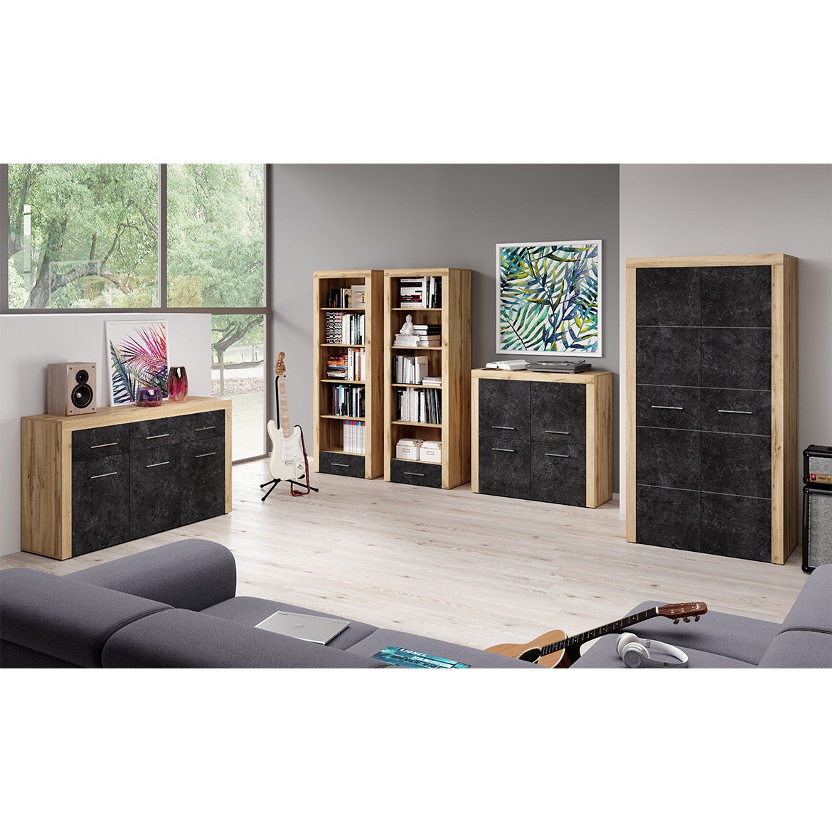 Smart komoda 4 fioke 95x41,6x88 cm natur (wotan hrast) / tamni beton