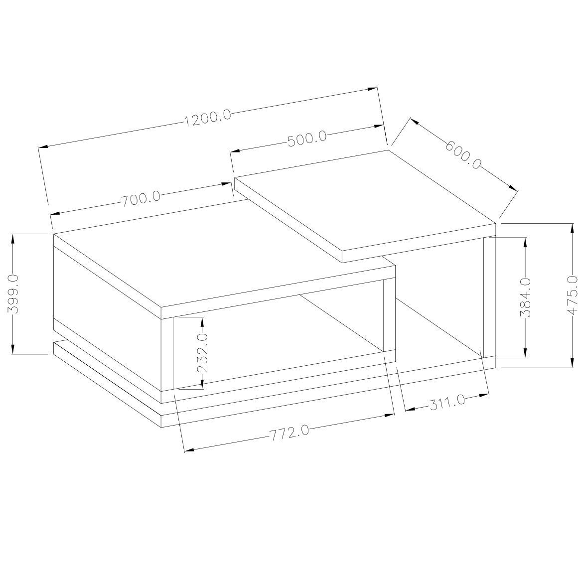 Bota klub sto 2 police 120x60x40 beton/beli