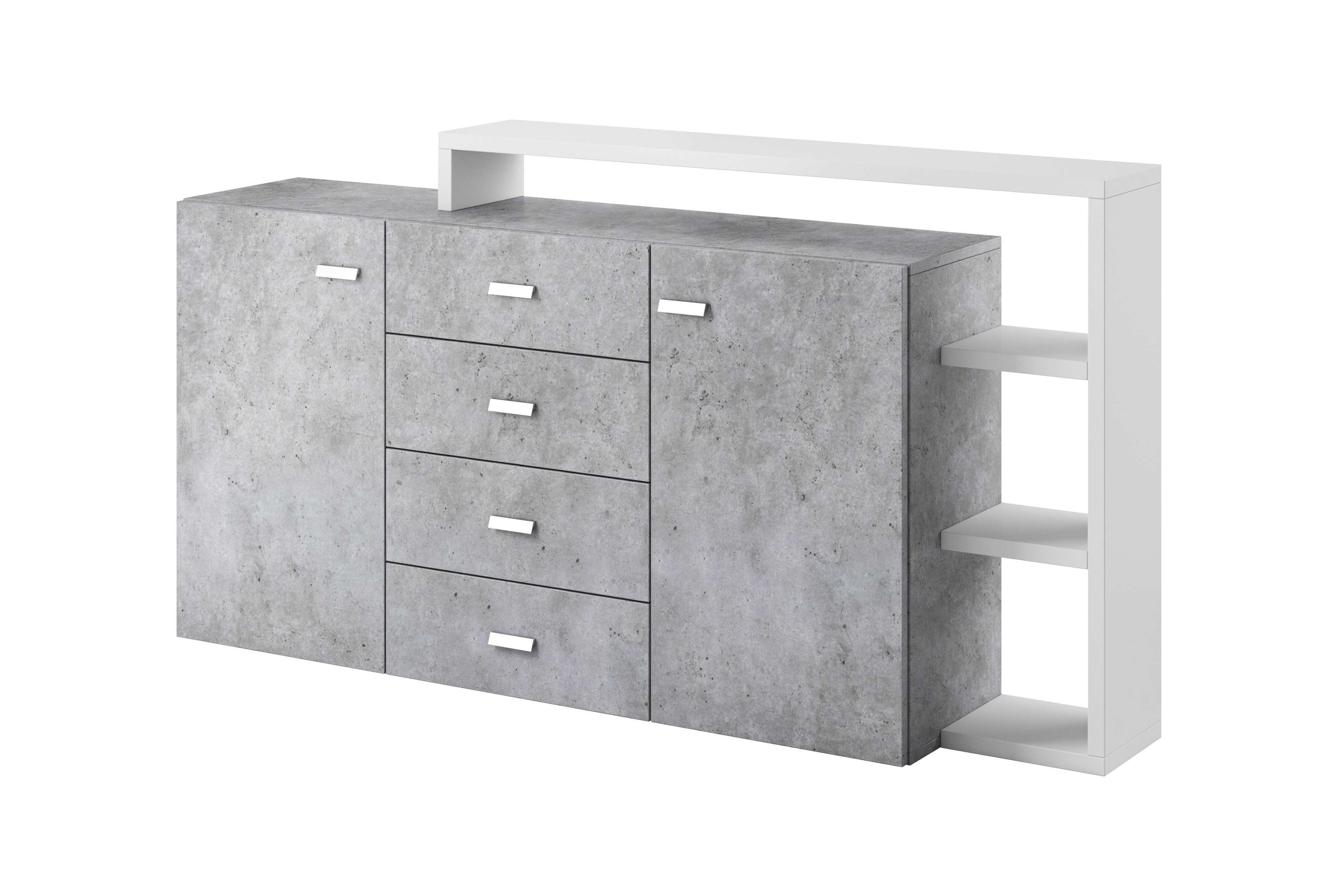 Bota komoda 2 vrata + 4 fioke + 3 police 180x37x98 cm beton/bela