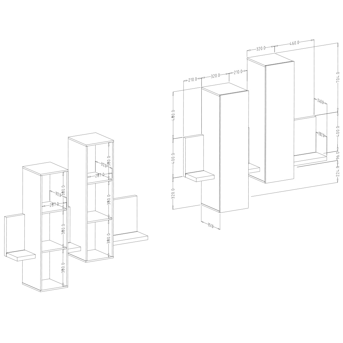 Bota zidni element 2 vrata+3 police 152x35x136  beton/beli