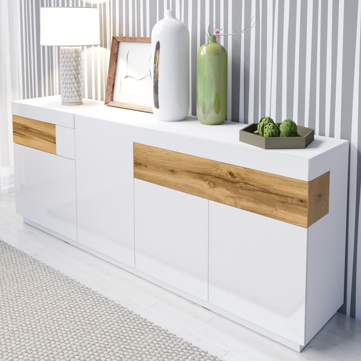 Silke komoda 4 vrata+2 fioke219x40x85 bela/ natur
