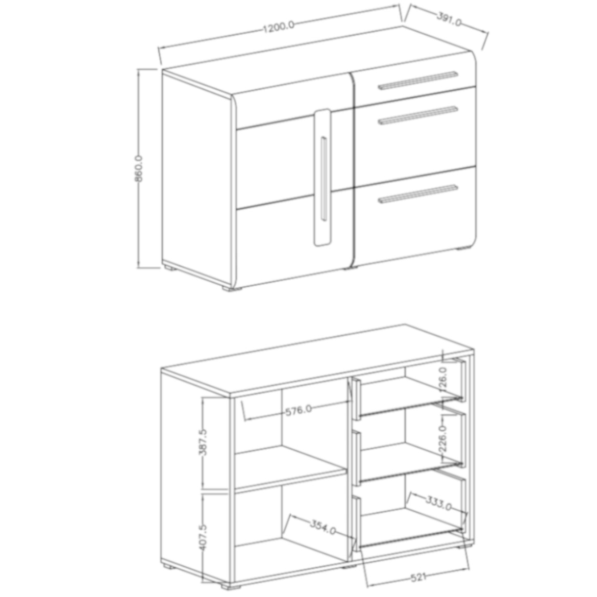 Tulsa komoda 1 vrata + 3 fioke 120x39x86 cm bela visoki sjaj