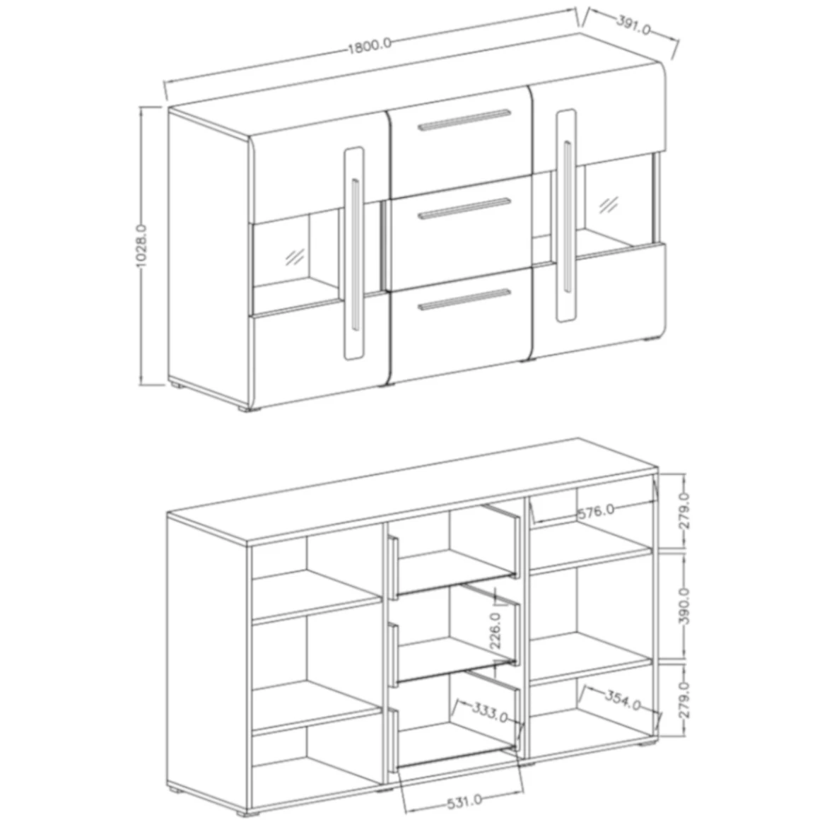 Tulsa komoda 2 vrata + 3 fioke 180x39x103 cm bela visoki sjaj