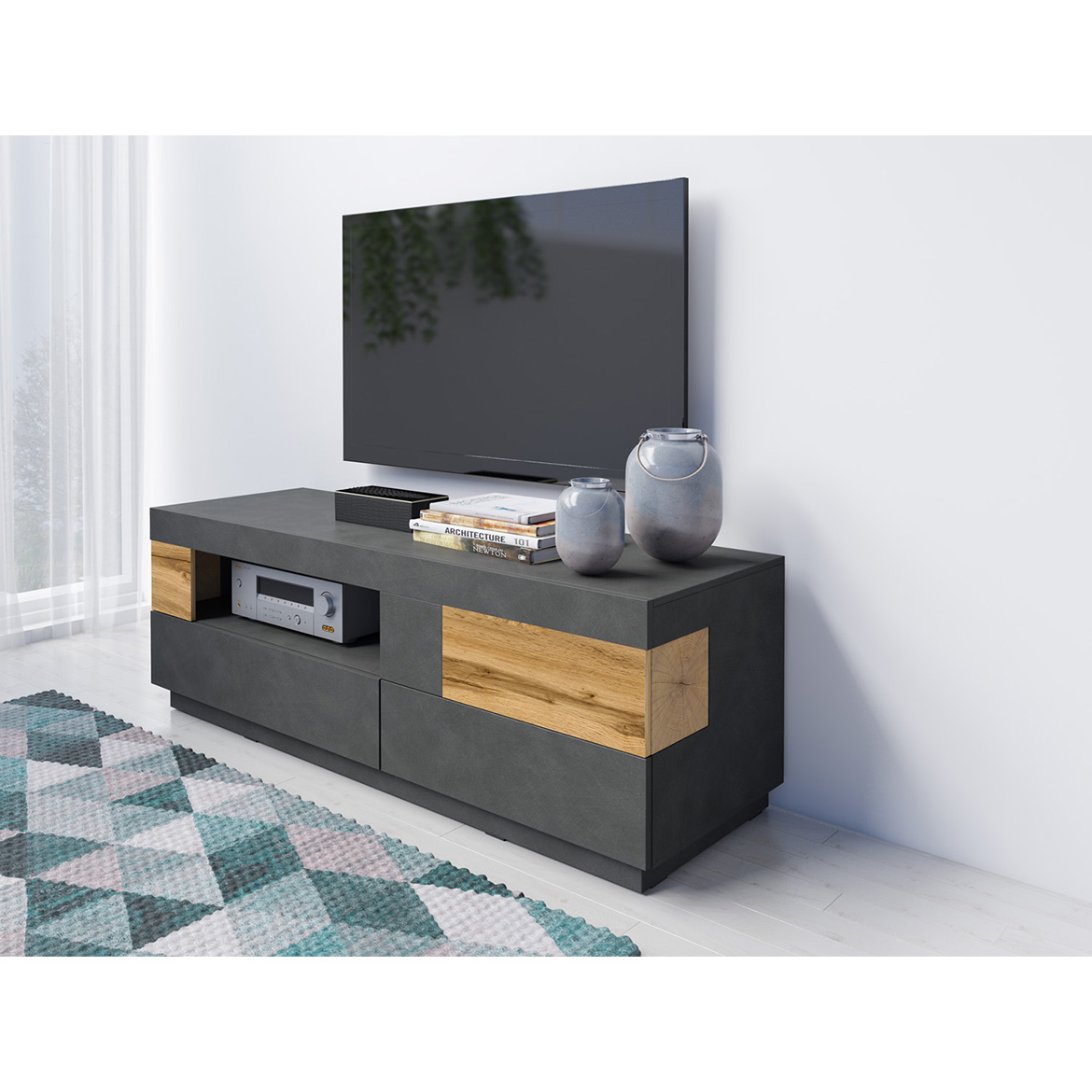 Silke TV komoda 1 vrata + 2 fioke + 1 otvor 160x50x54 crni / natur