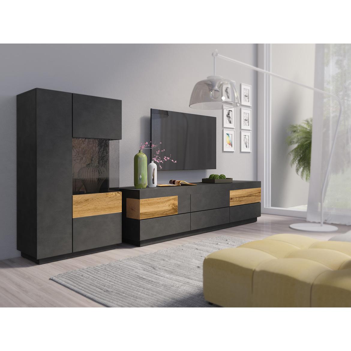 Silke TV komoda 1 vrata + 2 fioke + 1 otvor 160x50x54 crni / natur