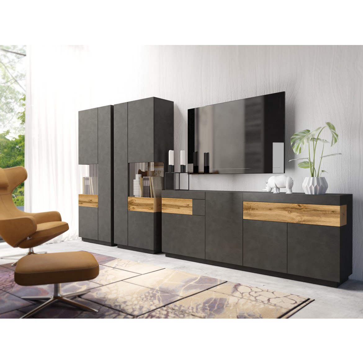 Silke komoda 4 vrata+2 fioke 219x40x85  crna/ natur