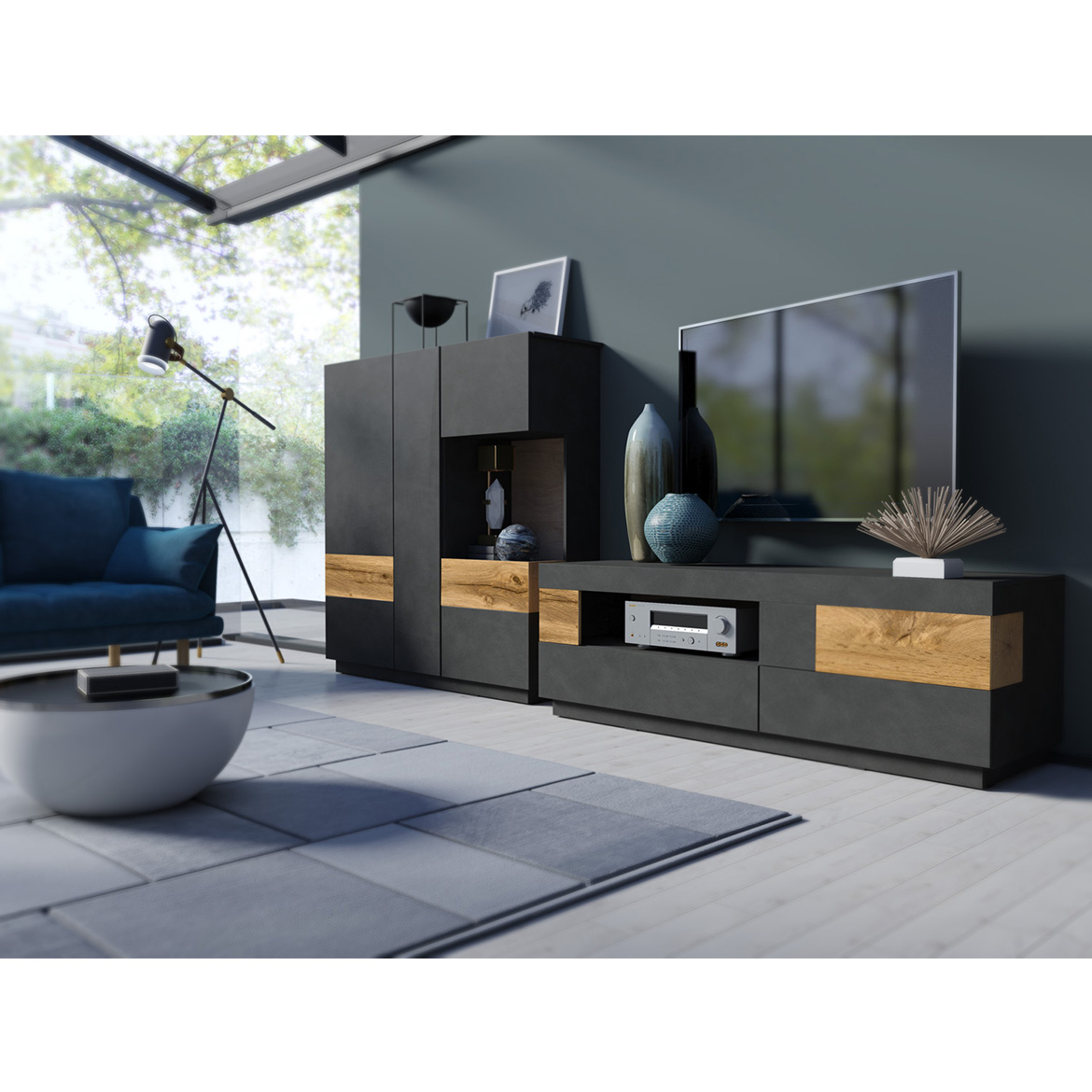 Silke komoda 4 vrata+2 fioke 219x40x85  crna/ natur
