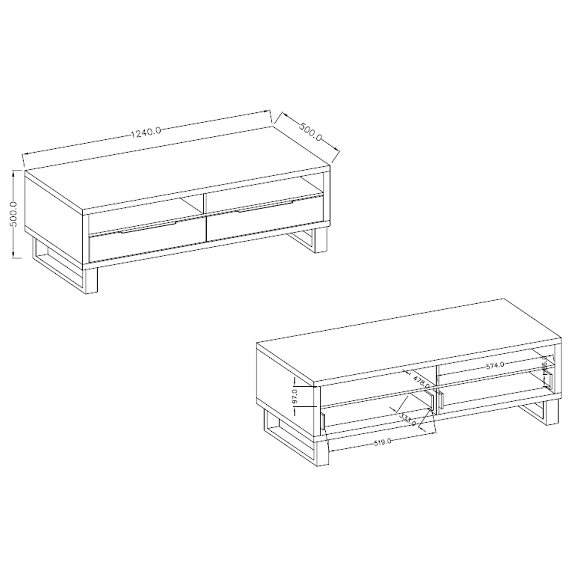 Halle TV komoda 2 fioke + 2 otvora 124x50x50 cm hrast