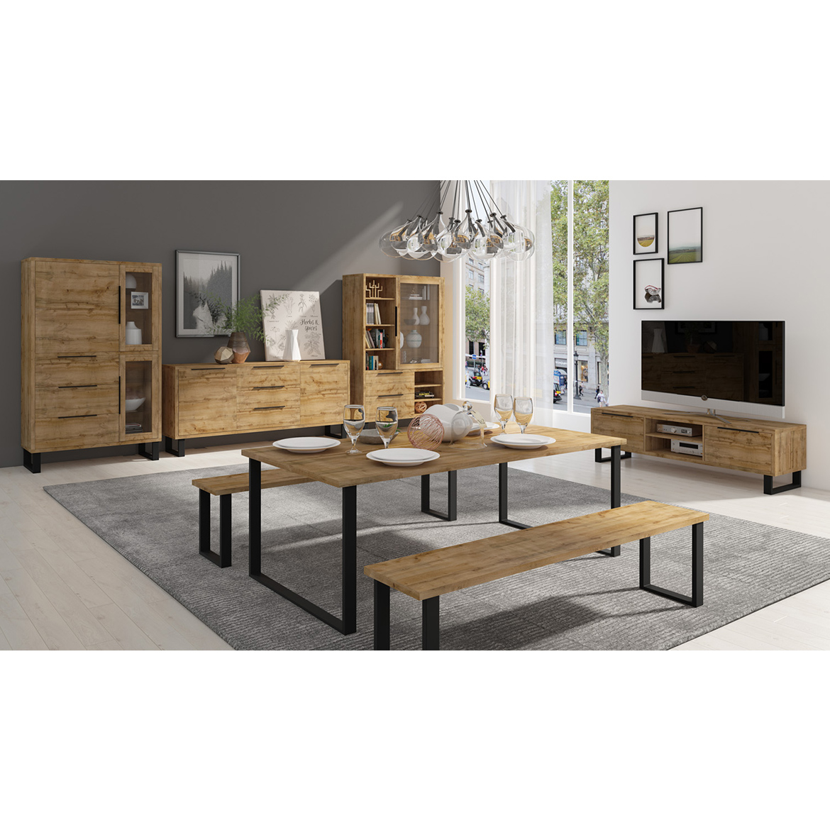 Halle komoda 2 vrata + 3 fioke 201x45x83 cm natur (wotan hrast)