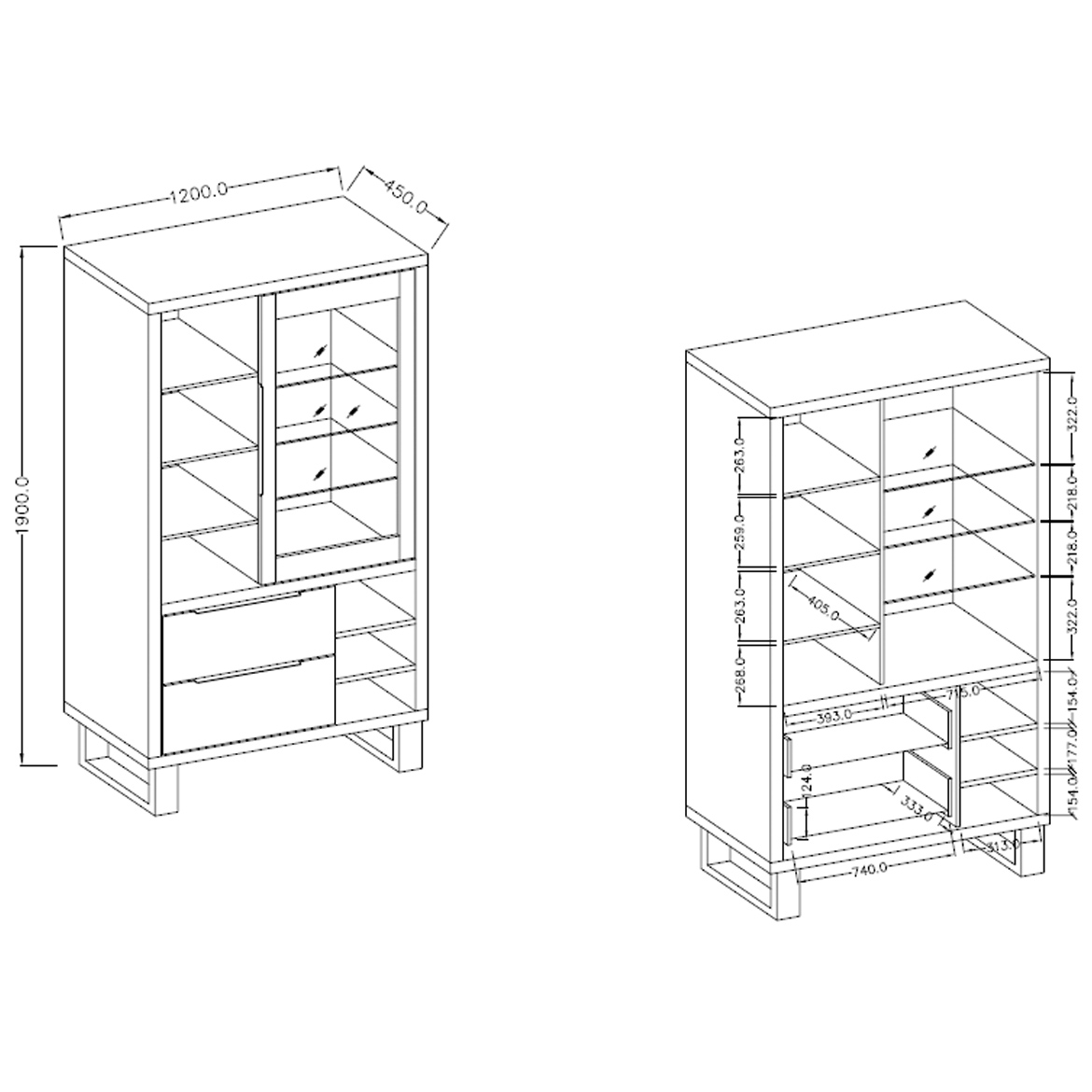 Halle vitrina 1 vrata+2 fioke+7 otvora  120x45x190 hrast