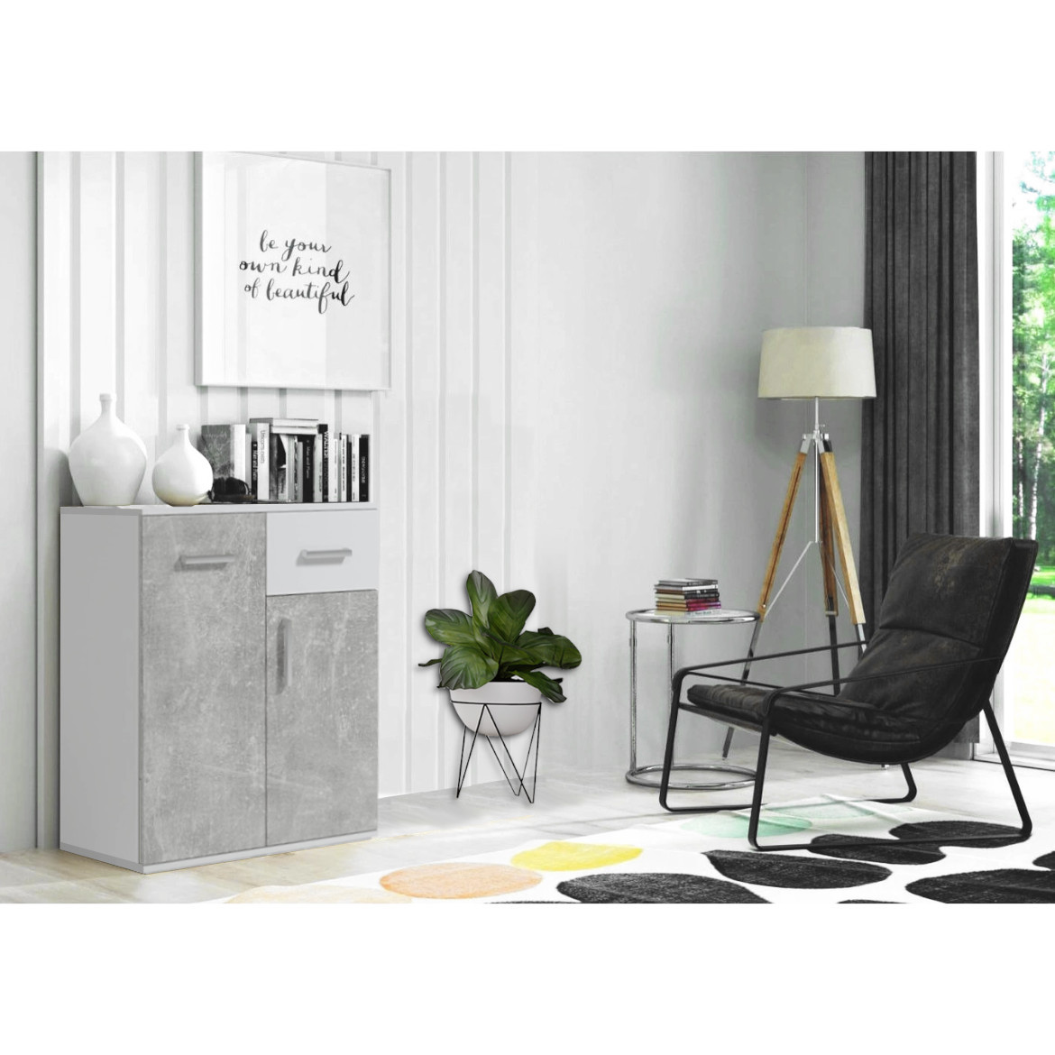 Jacob I komoda 2 vrata + 1 fioka 75x33x85 beton/bela