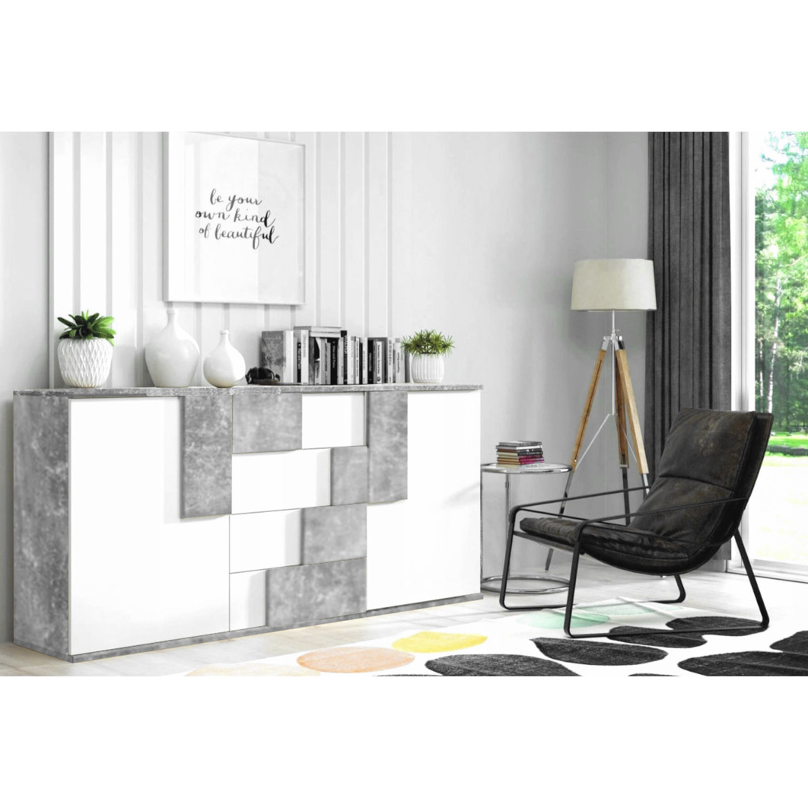 Elstra II komoda 2 vrata + 4 fioke 181x45x87 beton/bela