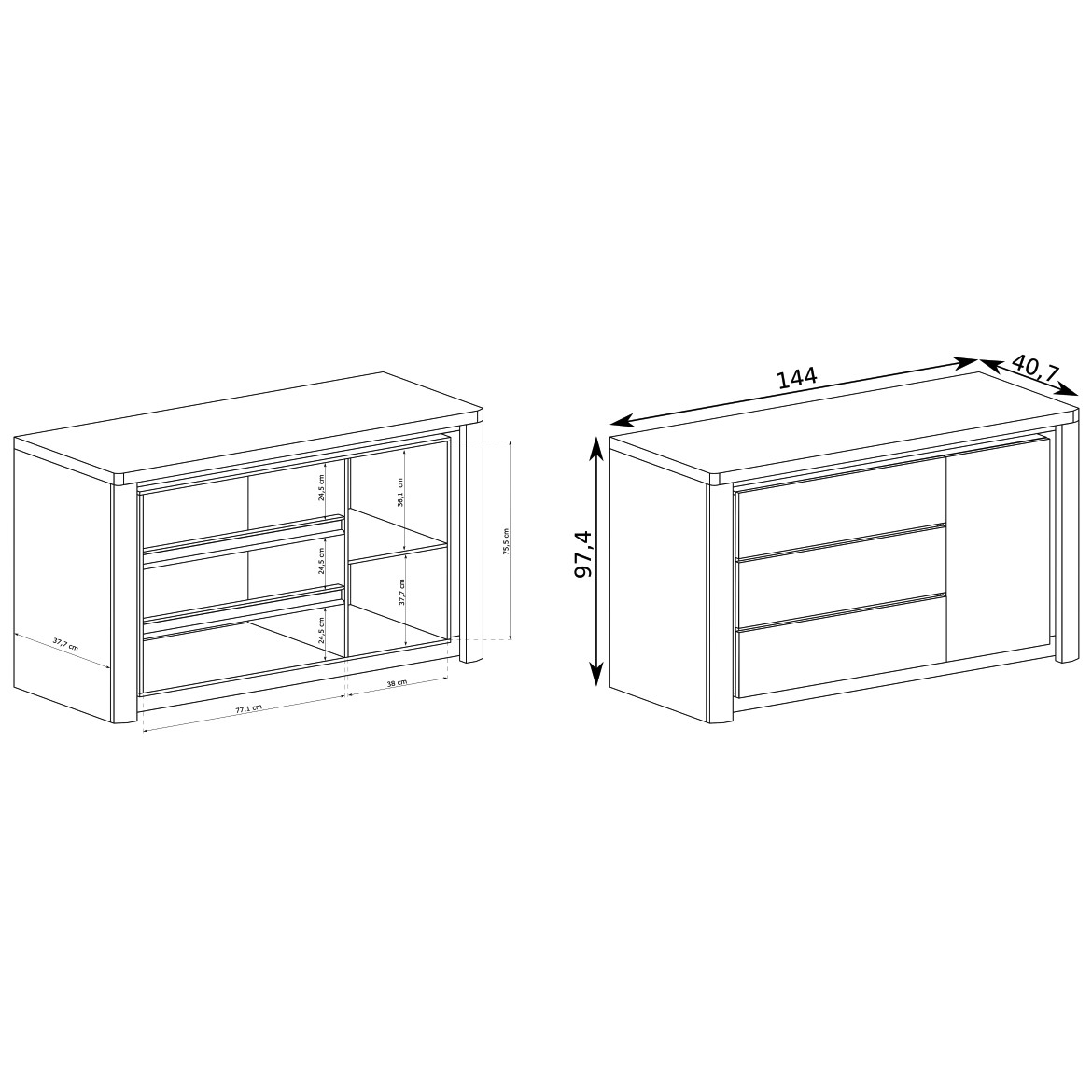 Livinio komoda 1 vrata + 3 fioke 144x40,5x97,5 cm svetli hrast/bela visoki sjaj