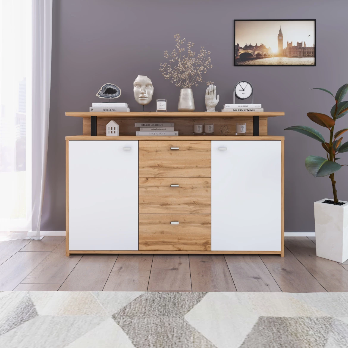 Pesaro komoda 2 vrata + 3 fioke + 1 polica 129,2x38x86,5 cm natur/bela