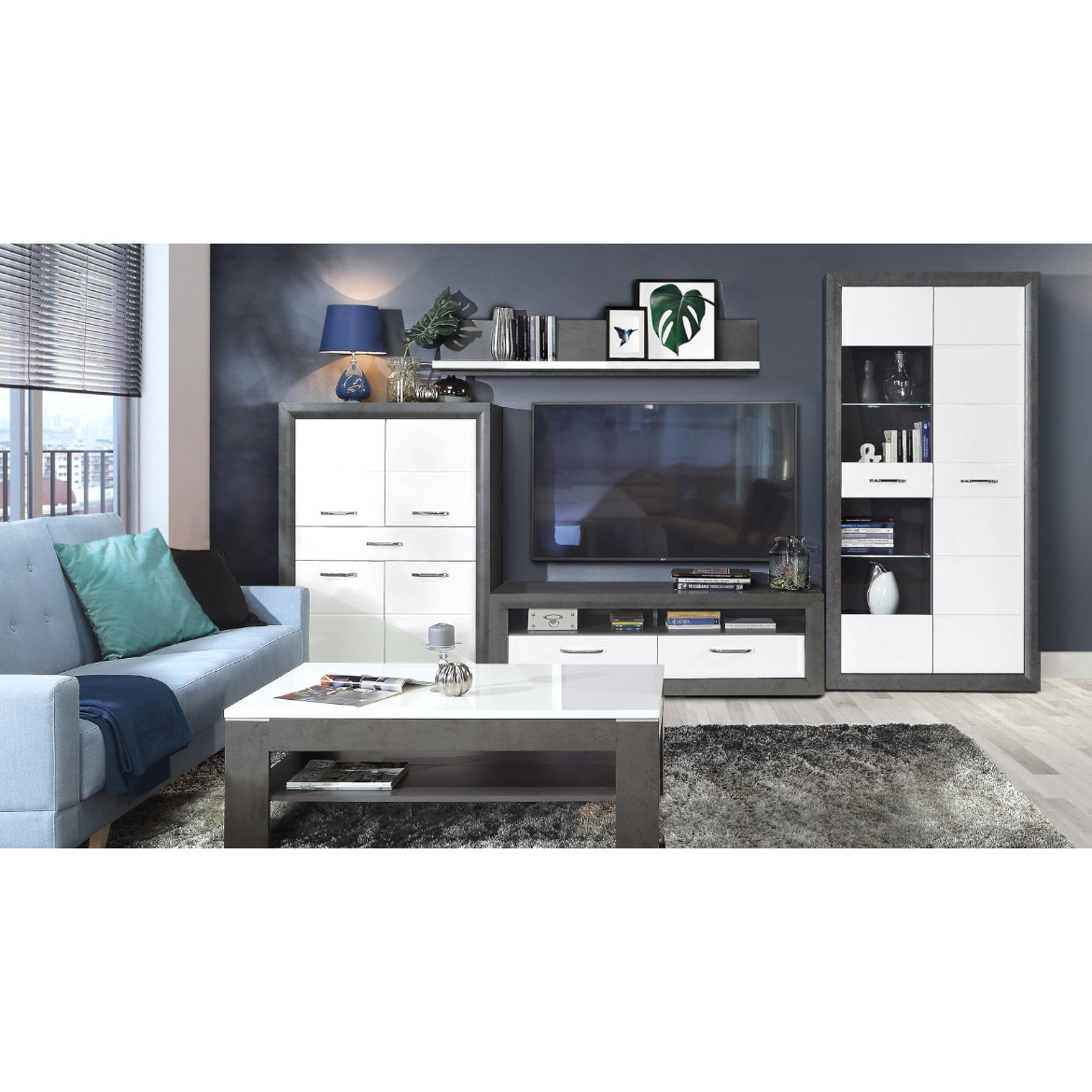 Lenox komoda 4 fioke + 2 vrata 168x42x92 cm  bela visoki sjaj/beton