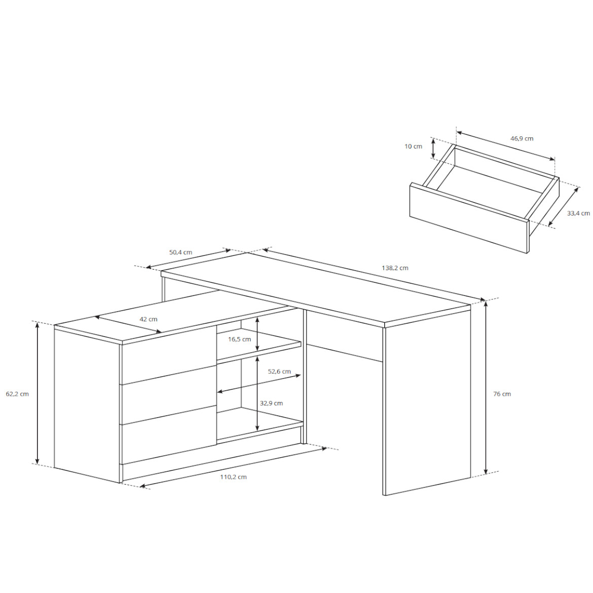 Teo kutni radni stol 3 ladice 138,2x110,2x76 bijeli