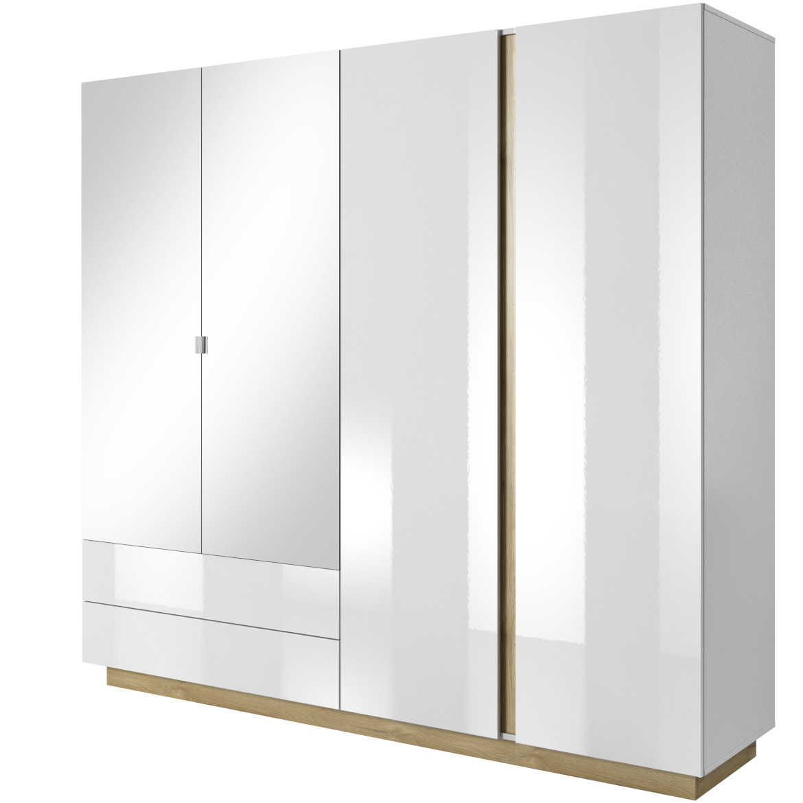 Ormar Arco 4 vrata/2x ogledalo + 2 fioke 220x54x202,4 bela visoki sjaj / natur