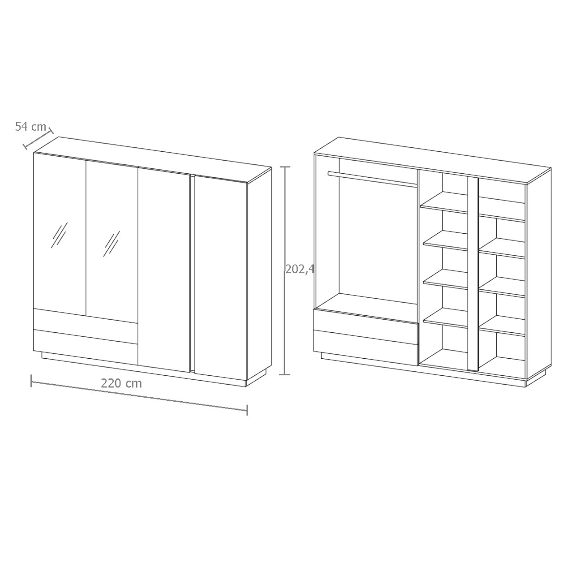 Ormar Arco 4 vrata/2x ogledalo + 2 fioke 220x54x202,4 bela visoki sjaj / natur