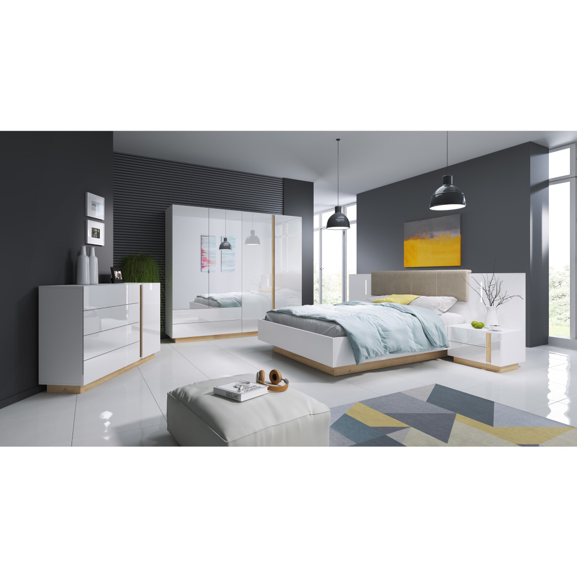 Ormar Arco 4 vrata/2x ogledalo + 2 fioke 220x54x202,4 bela visoki sjaj / natur