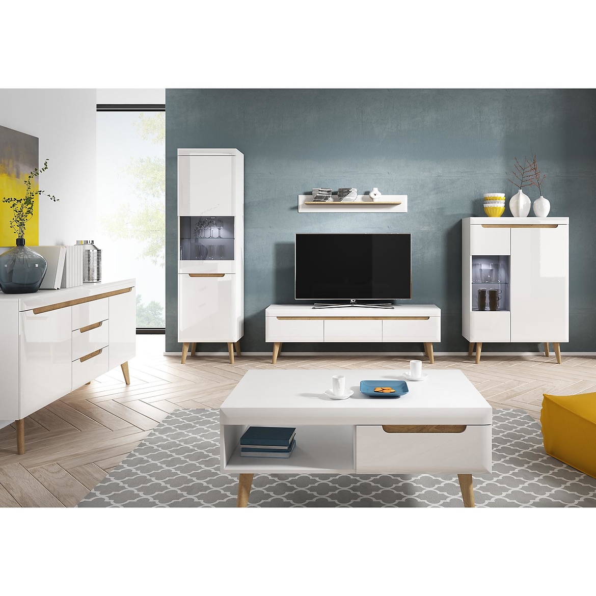 Nordi komoda 2 vrata+3 ladice 160x40x83  bijela/natur