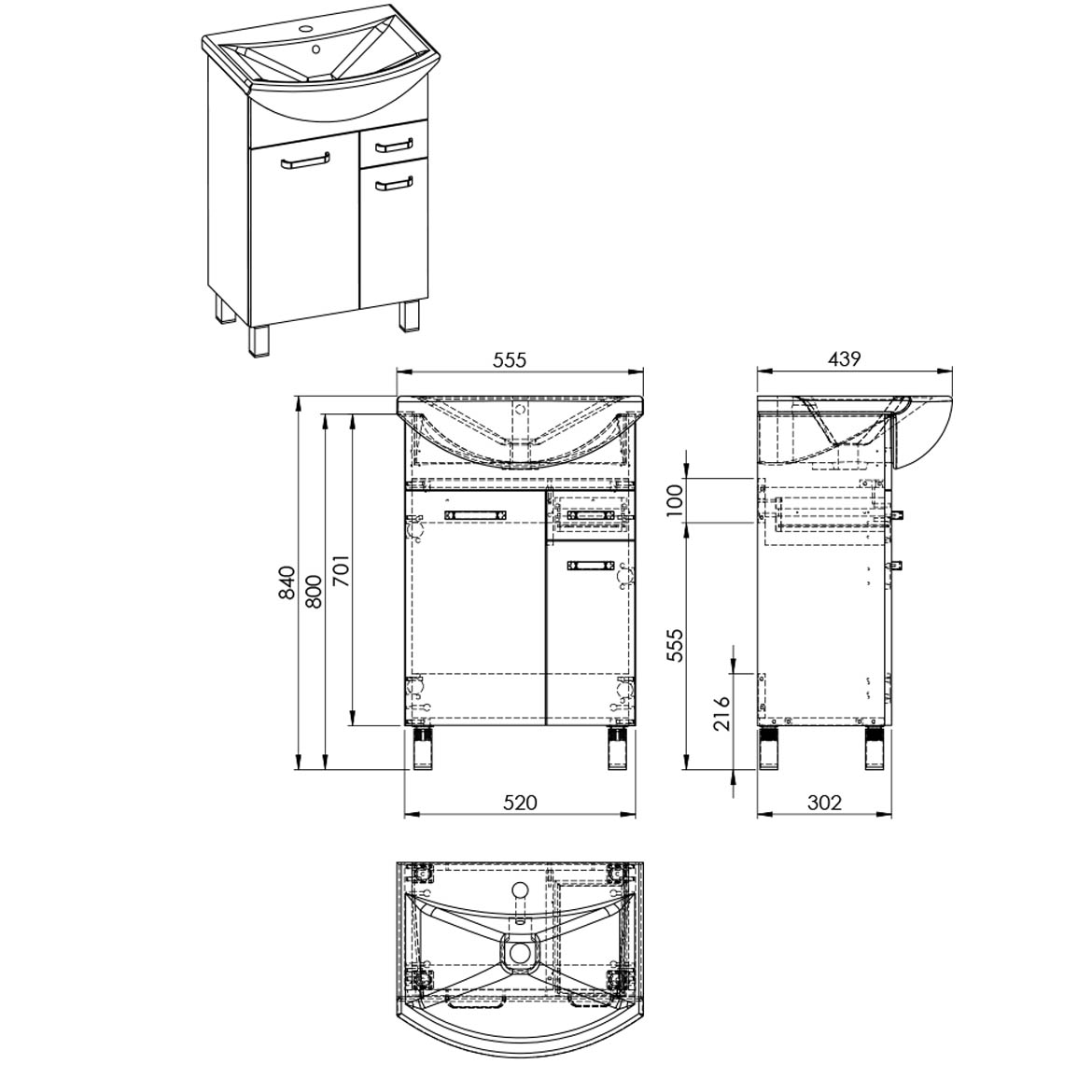 Uno baza sa umivaonikom 55 2 vrata + 1 fioka 52x30,2x70,1 cm bela