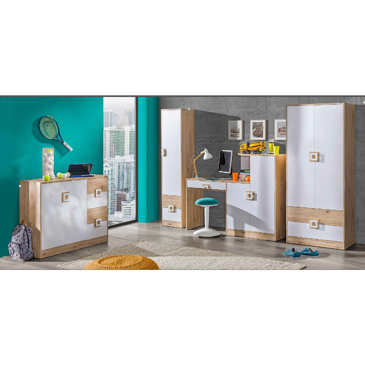 Niko polica 2 fioke+4 otvora 40x40x190 svetli hrast/bela
