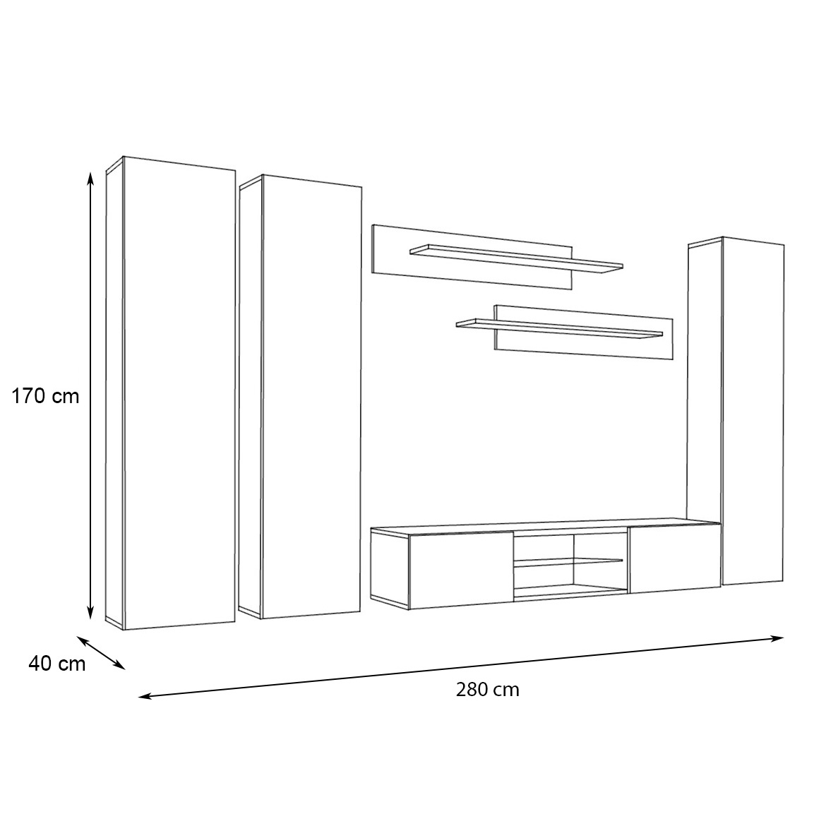 Regal  Fly P 280x40x170 cm bela/crna