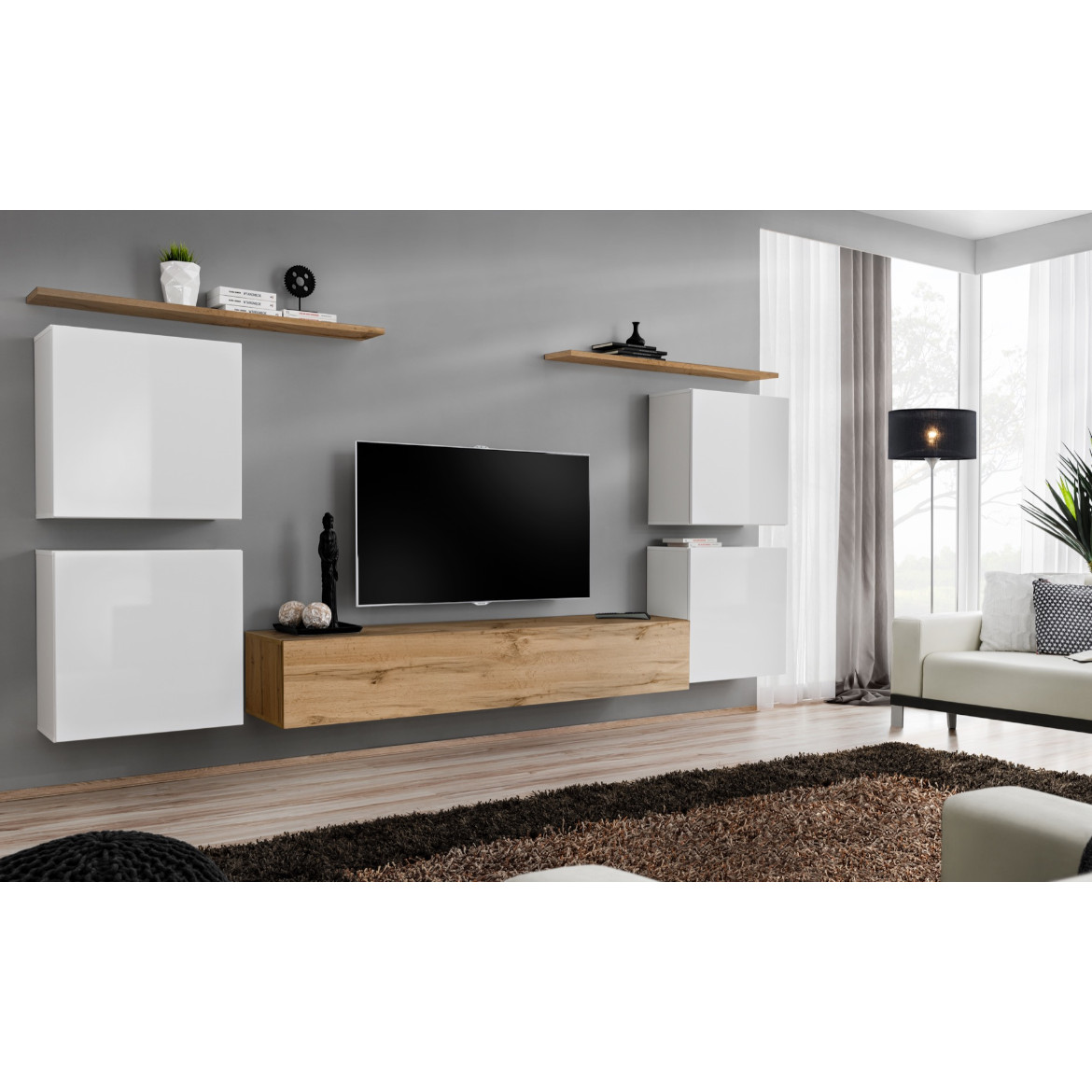 Regal  Switch IV 320x40x130 cm bela/natur