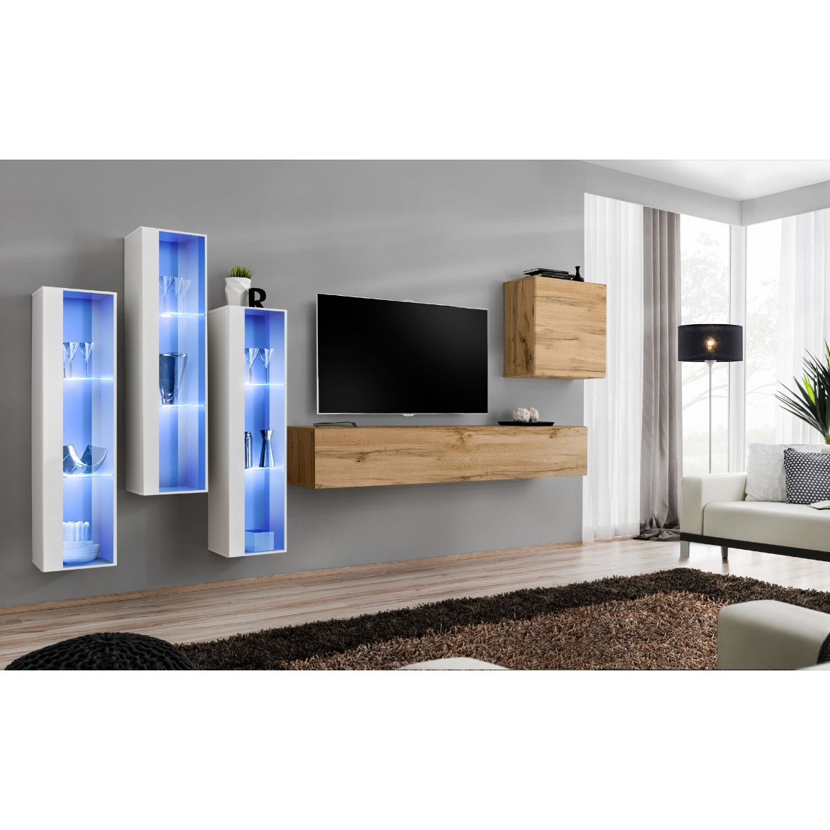 Regal  Switch XIII 330x40x160 cm+LED bela/natur