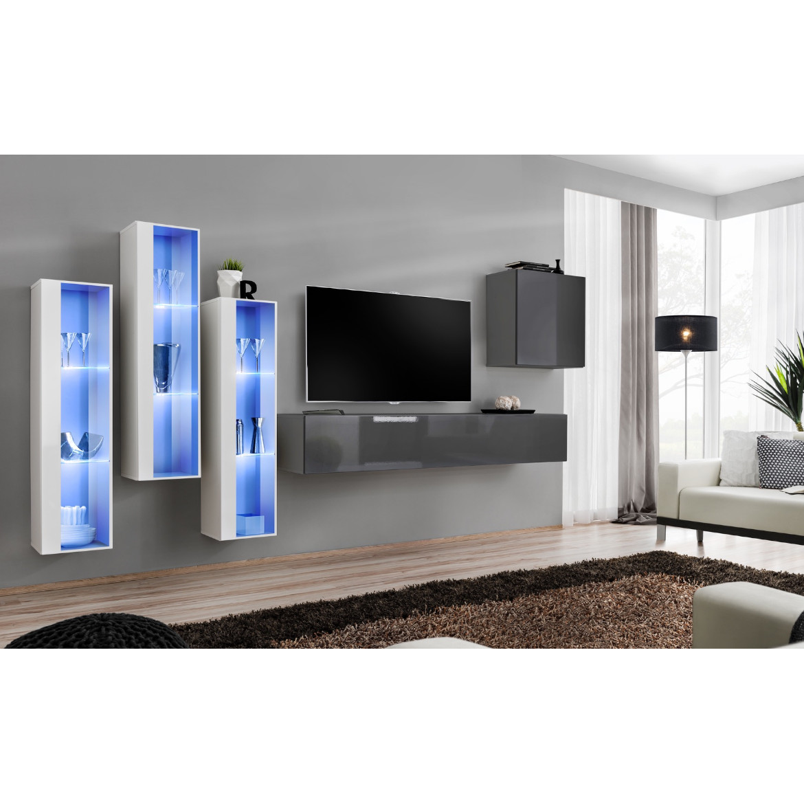 Regal  Switch XIII 330x40x160 cm+LED bela/siva