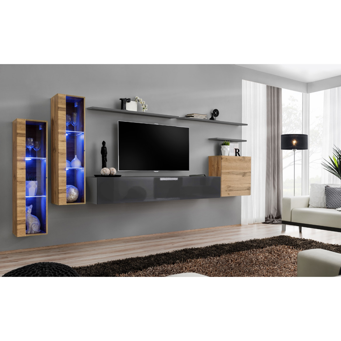 Regal  Switch XI 330x40x160 cm+LED natur/siva