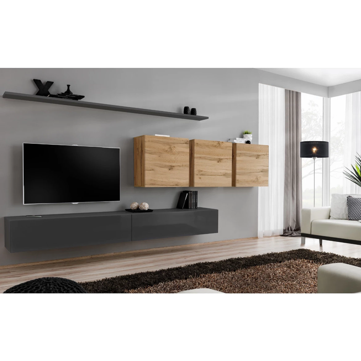 Regal  Switch VII 330x40x150 cm siva/natur
