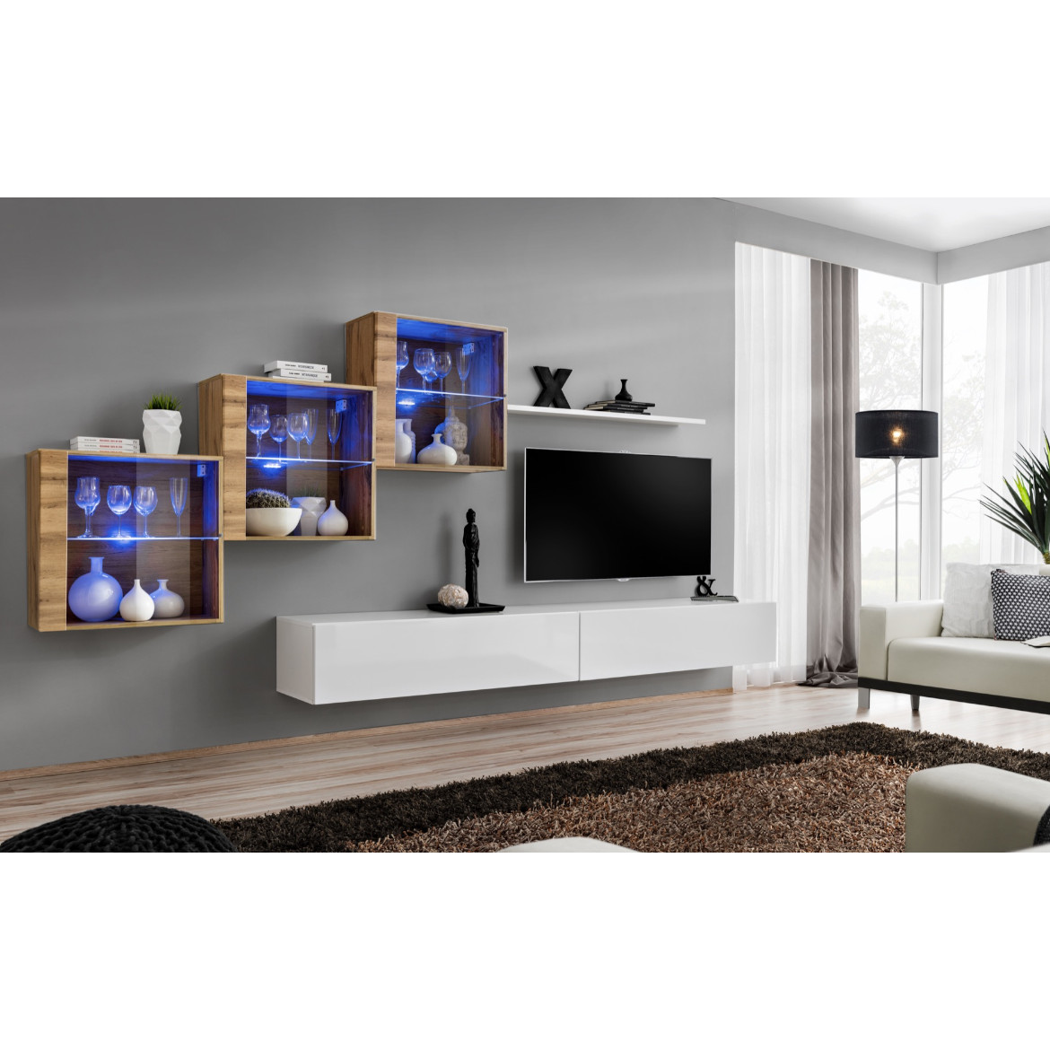 Regal  Switch XX 330x40x160 cm+LED natur/bela