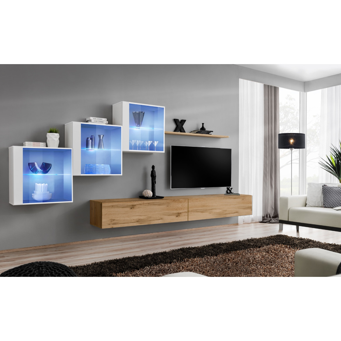 Regal  Switch XX 330x40x160 cm+LED bela/natur