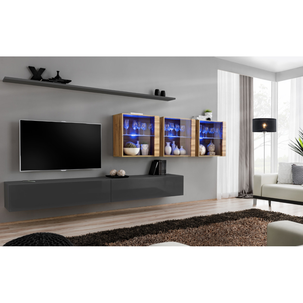 Regal  Switch XVII 330x40x150 cm+LED siva/natur